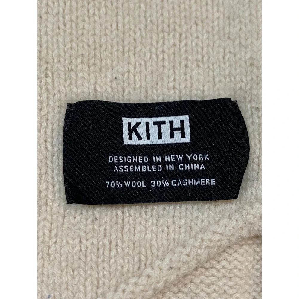 Kith Rhinestone Logo Scarf Cream Wool Cashmere Blend Knit Pointed Hem Unisex